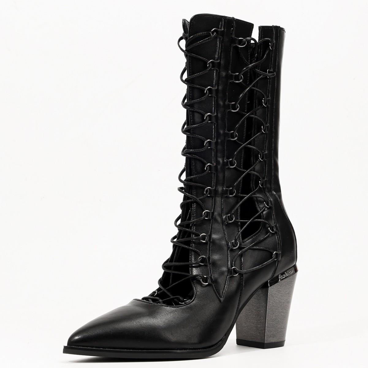 

Женские ретро сапоги до середины икры на массивном каблуке с полым узором - Водонепроницаемая модная обувь-слипоны для лета и осени EU 41 чёрный