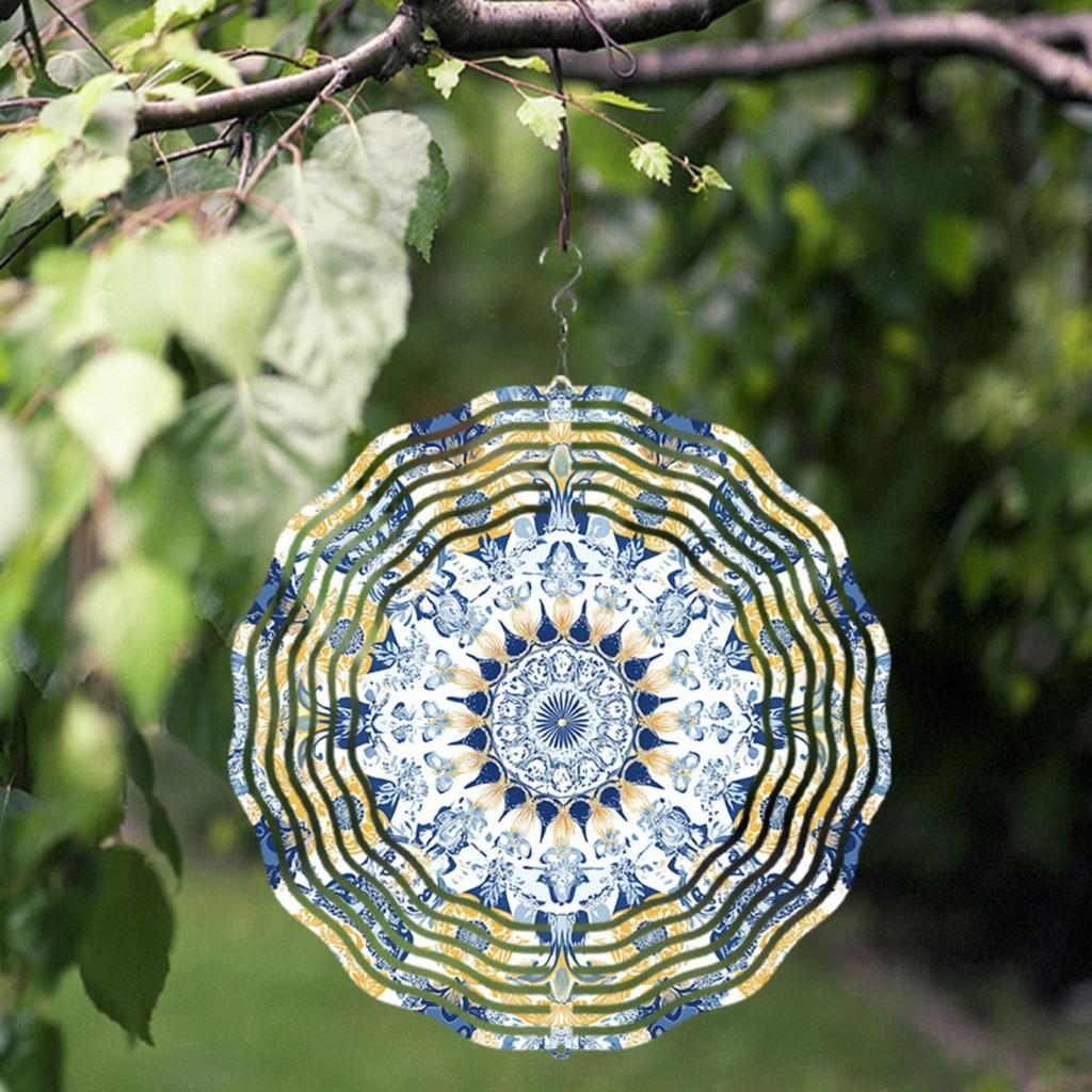 Blue and Golden Mandala Metal Wind Chime Handcrafted Outdoor Garden Decor with Intricate Floral Design Golden Accents Durable Wind Chimes