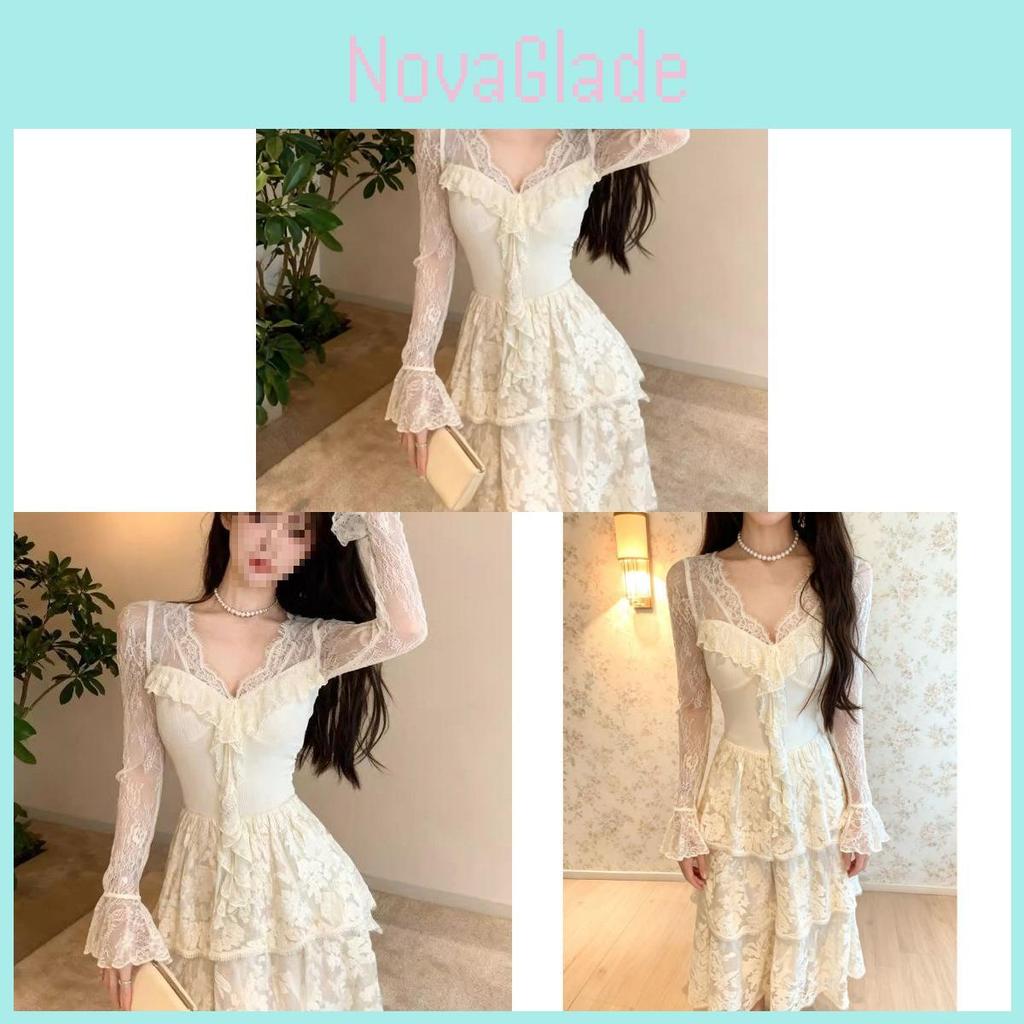 Knit Embroidered Lace Vneck Long Dress For Spring Party Weddings