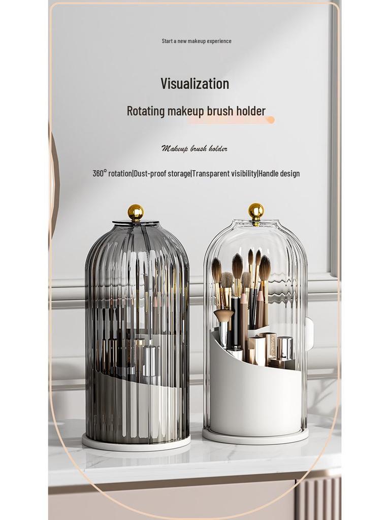 Birdcage Rotating Makeup Brush Holder with Dustproof Compartments for Desktop Cosmetics and Pen Storage
