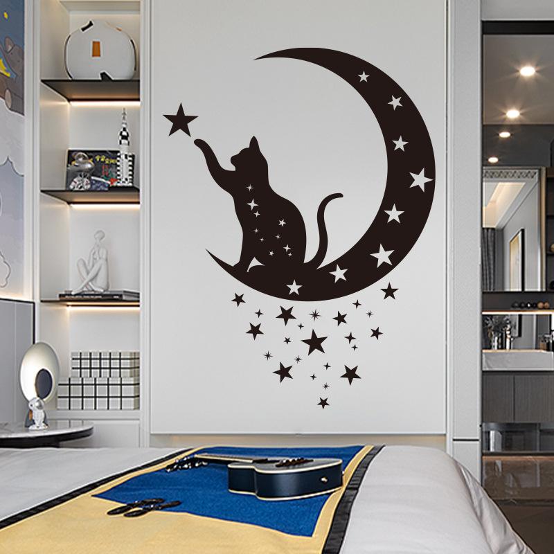 Black Moon Cat Wall Stickers Stars Home Bedroom Decor Peel and Stick Wall Art Removable Vinyl Decals for Room Beautification