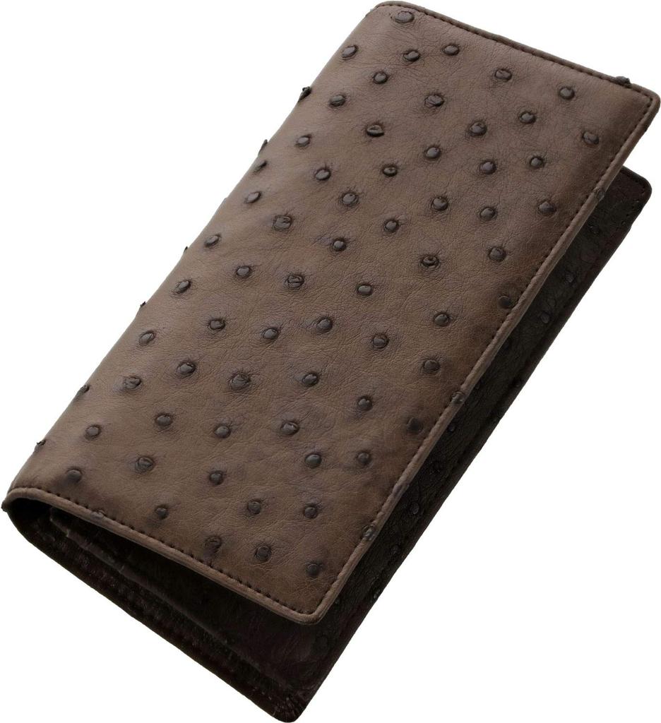 Sankyo Shokai Men's Ostrich Leather Long Wallet, Full-Point Design, Bifold, with Zipper, Dark Brown