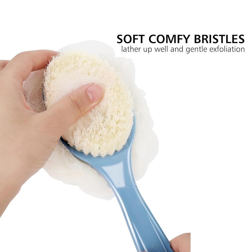 Shower Body Brush with Bristles and Loofah,Back Scrubber Bath Mesh Sponge with Curved Long Handle for Skin Exfoliating Bath, Massage Bristles Suitable