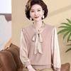 Chic Spring V-Neck Bow Pullover for Mature Women, Lightweight Knit Top for Spring & Autumn