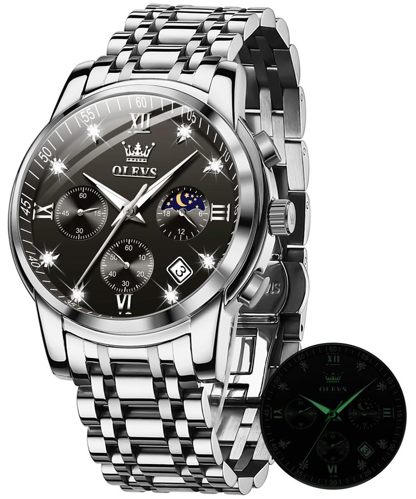 OLEVS Quartz Watch Moon Phase Waterproof Luminous Date Timer Stainless Steel Simple Fashion Watch for Men Men's (Black)