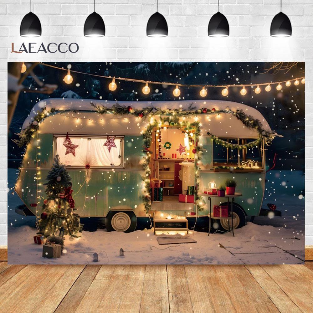 Laeacco Christmas Camper Pography Backdrop Winter Snowy Pine Trees Mini Bus Baby Birthday Family Holiday Portrait Background