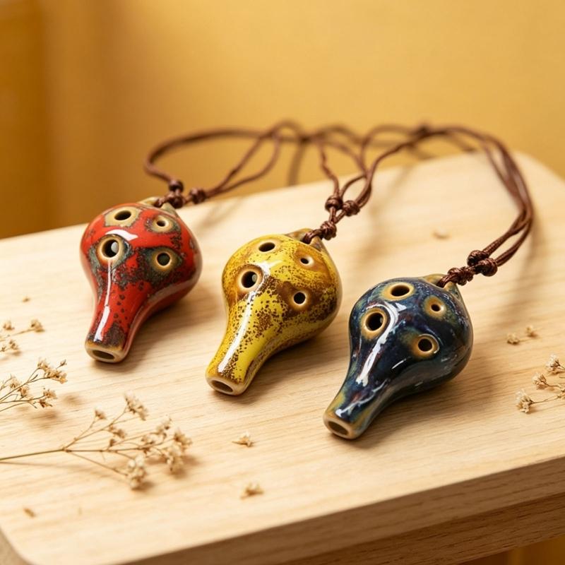 Practical Beginner Ceramic Ocarina 6 Hole Pendant Instrument with Cord for Students, Classroom Study and Regular Practice Use