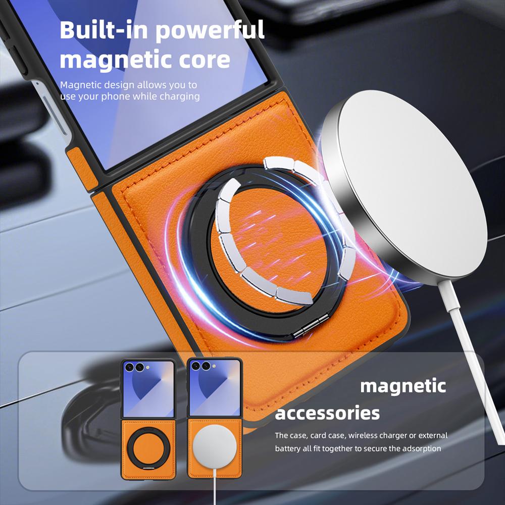 KEYSION 360° Rotating Magnetic Ring Stand PU Leather Case for MagSafe for Samsung Z Flip 7 5G 7 SE Wireless Charging Phone Cover