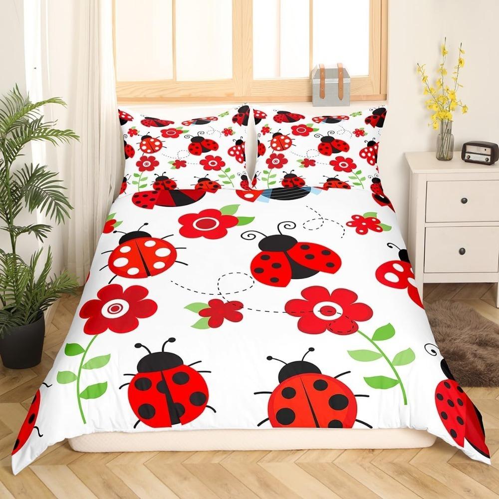 Schattige Lieveheersbeestje Beddengoedset, Rood Bloemenpatroon Jongens, Meisjes Volwassen Beddengoed Microvezel Dekbedovertrek Rits Dekbedovertrek en 2 Kussenslopen