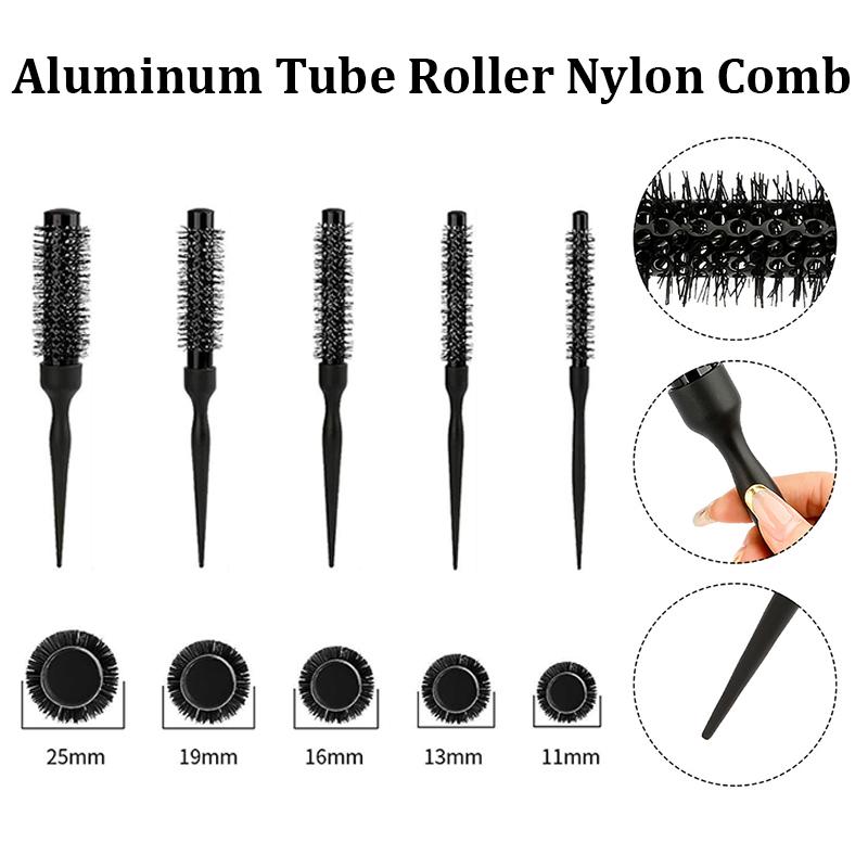 Black Round Barrel Hair Comb Hair Styling Hair Brush Nylon Comb Cylinder Curly Hair Comb Aluminum Tube Salon Tools Barber Gift