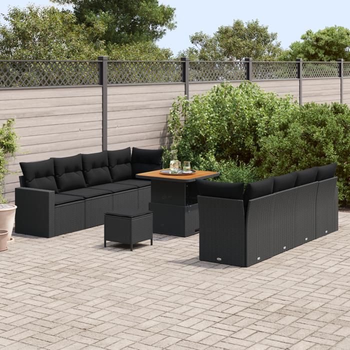 Ensemble de canapé de jardin de 11 pièces avec coussins en poly rotin noir et acacia, Ensemble de salle à manger de jardin 3363534