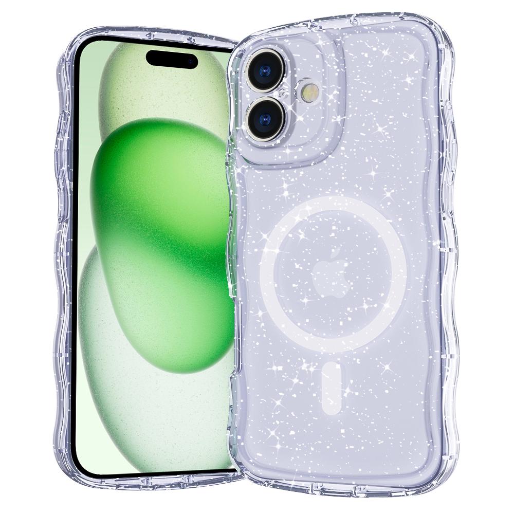 For iPhone 16 Magnetic Case Wave Edge Glitter TPU Phone Back Cover