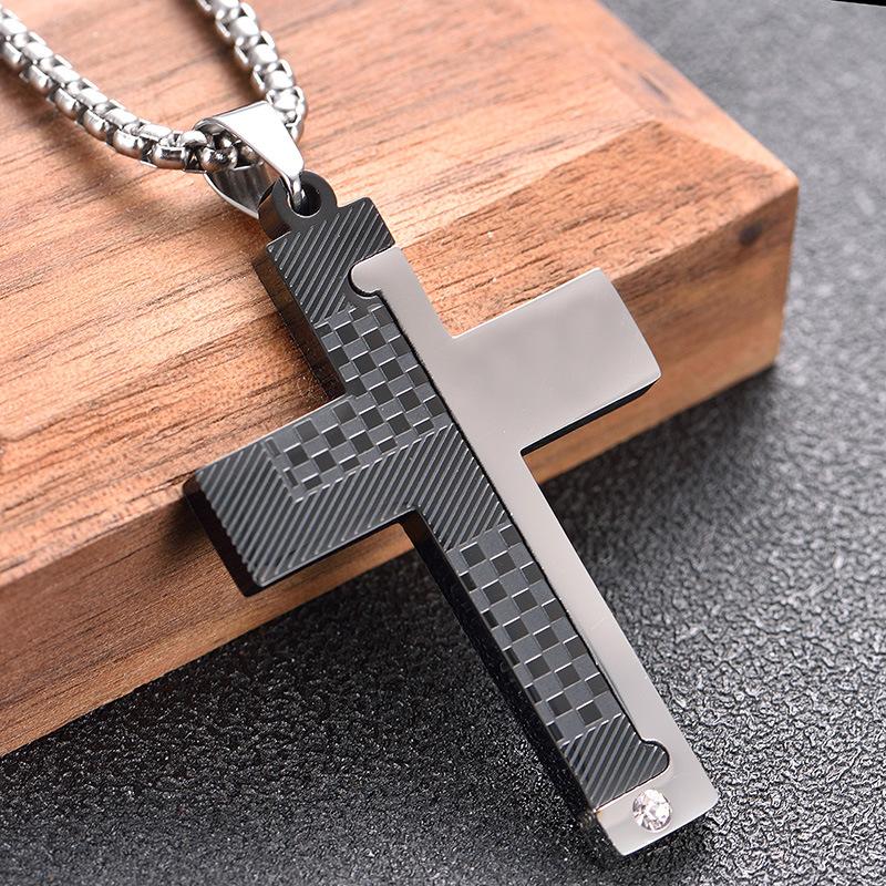 1Pcs Gothic Style Titanium Steel Cross Pendant Necklace, Motorcycle Punk Black Silver Crystal Jewelry For Men N6337