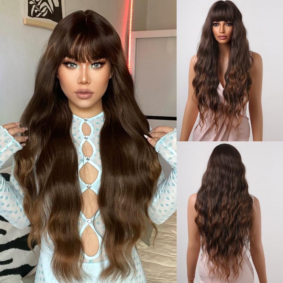 Lang Golvend Bordeaux Donkerrood Synthetisch Haar Pruiken met Pluizige Pony voor Vrouwen Wijnrood Body Wave Halloween Cosplay Natuurlijke pruik