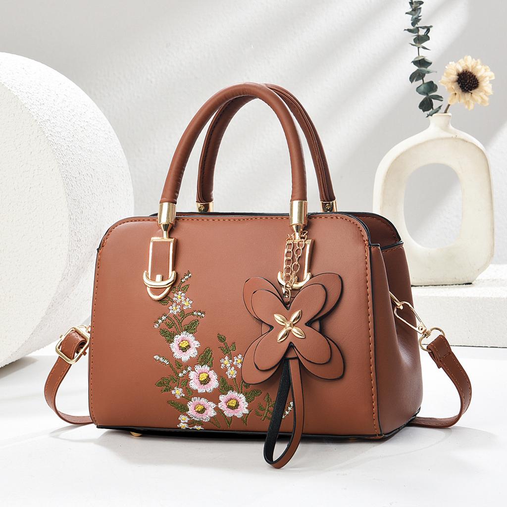 Chic Korean Floral Embroidery Handbag For Ladies, Graceful Multi-purpose Top Handle Shoulder Crossbody Bag For Daily Matching Outfits