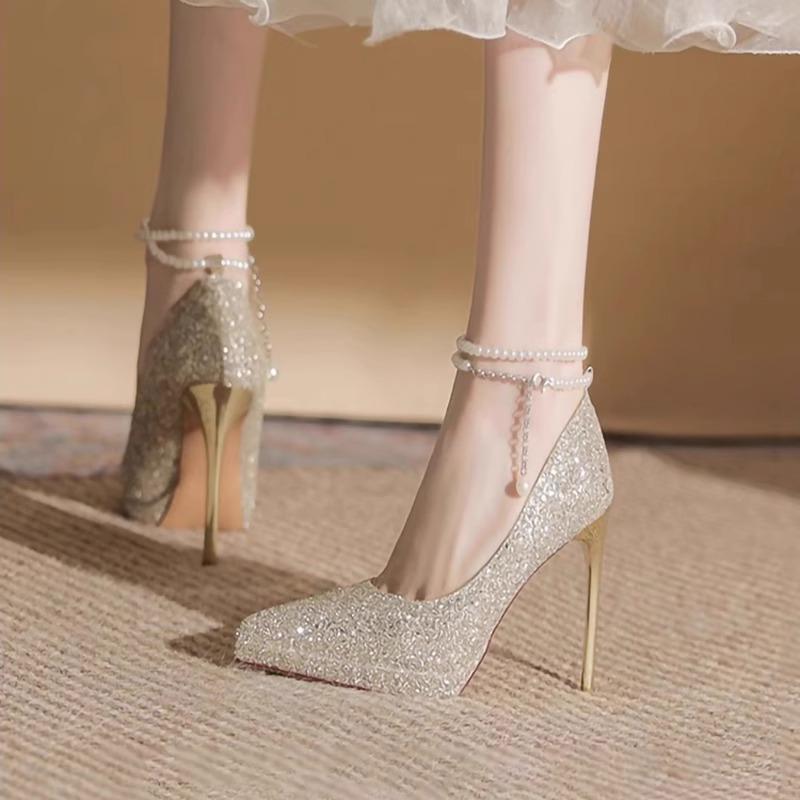 Thin Heel Shoes Women's Pointy Shallow Mouth Full Sequin Bead Set Foot Anti-slip Wear-resistant High Heels