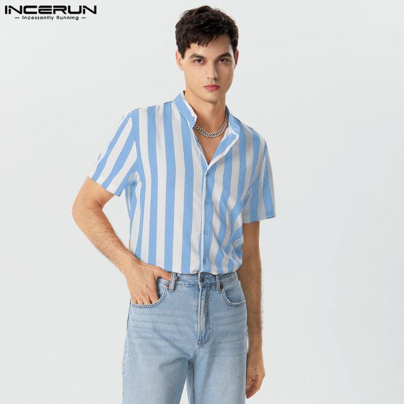 INCERUN Men Summer Lapel Neck Short Sleeve Striped T-shirts Buttons Up Shirts Tops