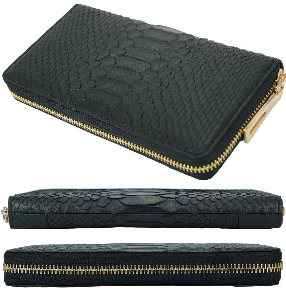 Schwarzes [Typ 2] Langes Portemonnaie für Damen und Herren, Gefertigt aus einem einzigen Stück echtem Schlangenhautleder, mit Rundum-Reißverschluss, Münzfach, Kartenfächern,