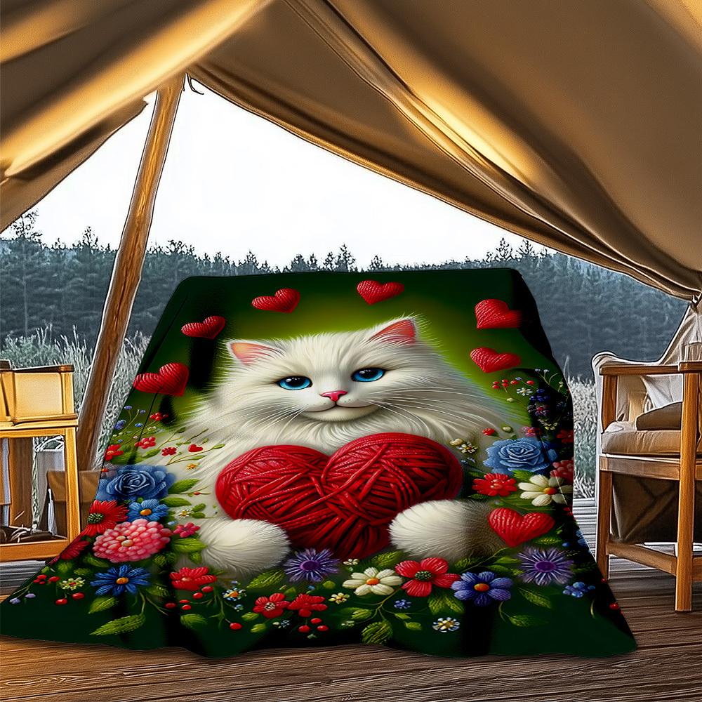 1pc Cat Heart Flowers Outdoor Flannel Blanket , Machine Washable Perfect Gift for Birthday , Holiday Travel Accessory , Durable Material