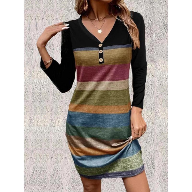 IHUASU Fashion Autumn Winter  Long Sleeve V-Neck Casual Dresses S