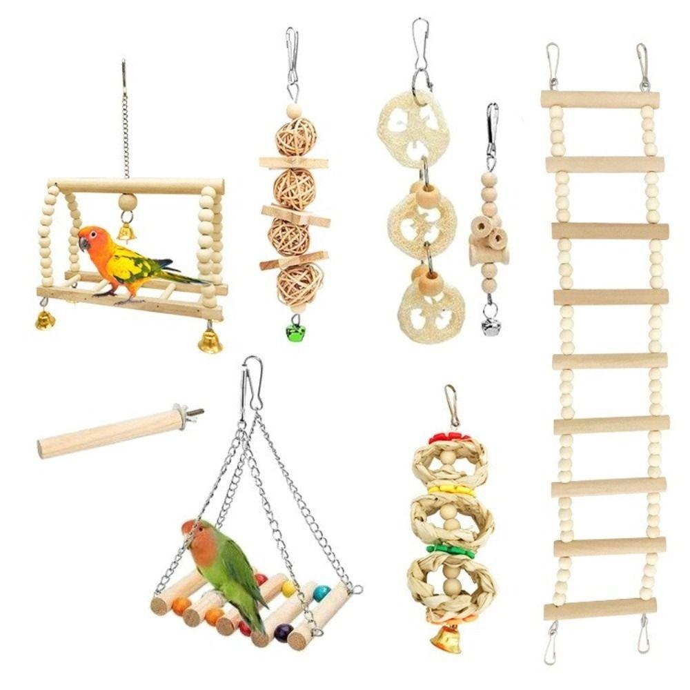 8Pcs Set Wood Parrot Toy Set Bell Perch Swing Combination Bird Toys Hanging Hammock Stand Pole Parrot Training Toys Cockatiel