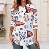 Women Plus Size Asymmetric V Neck Button Decor Long Sleeve Top White Basketball Print