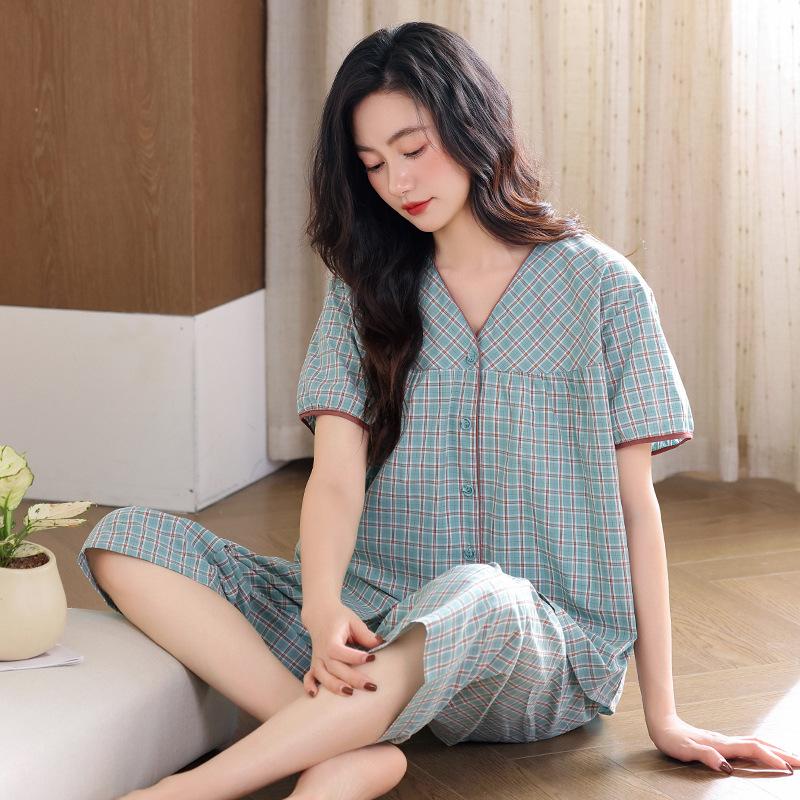 Woven cotton gauze pajamas women's summer pure cotton cropped pants autumn cotton large size summer thin loungewear