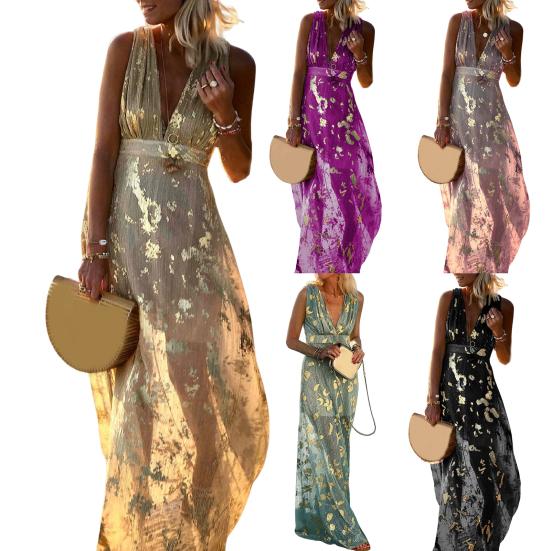 Deep V Neck Sleeveless Waist Tight Flowy Hem Sexy Dress Women Bronzing