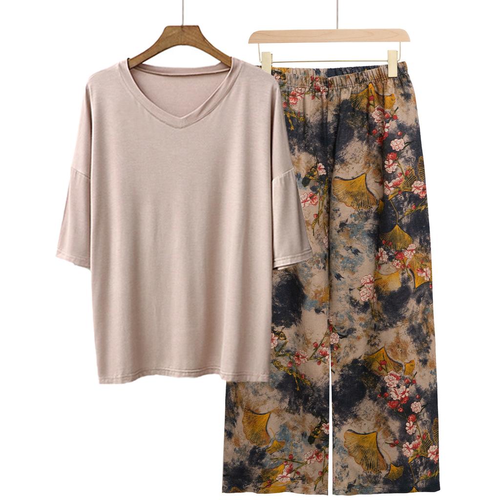 Pajamas Women's Spring and Summer New V-neck Short-sleeved Cotton and Linen Pants European and American Large-size Loungewear Two-piece Set