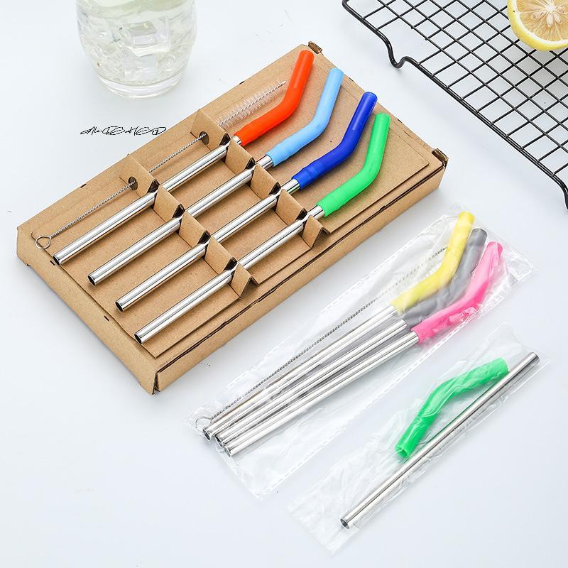 Long Stainless Steel Metal Straws with Silicone Tips Cleaning Brush Set - Reusable Eco-Friendly Drinking Straws with Covers