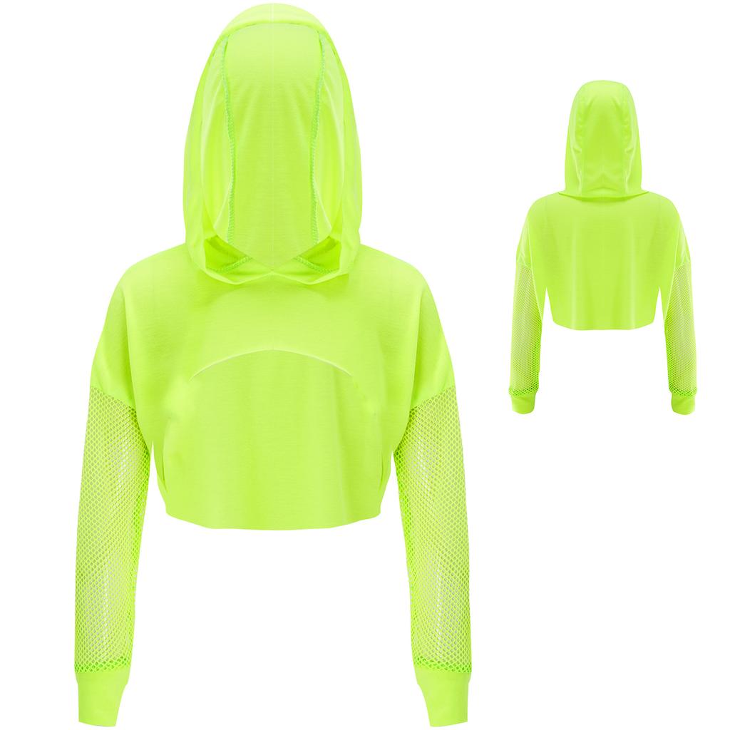 Kids Girls Long Sleeve Fishnet Cropped Hoodie Sheer Mesh Pullover Hooded Cover Up Dance Crop Top