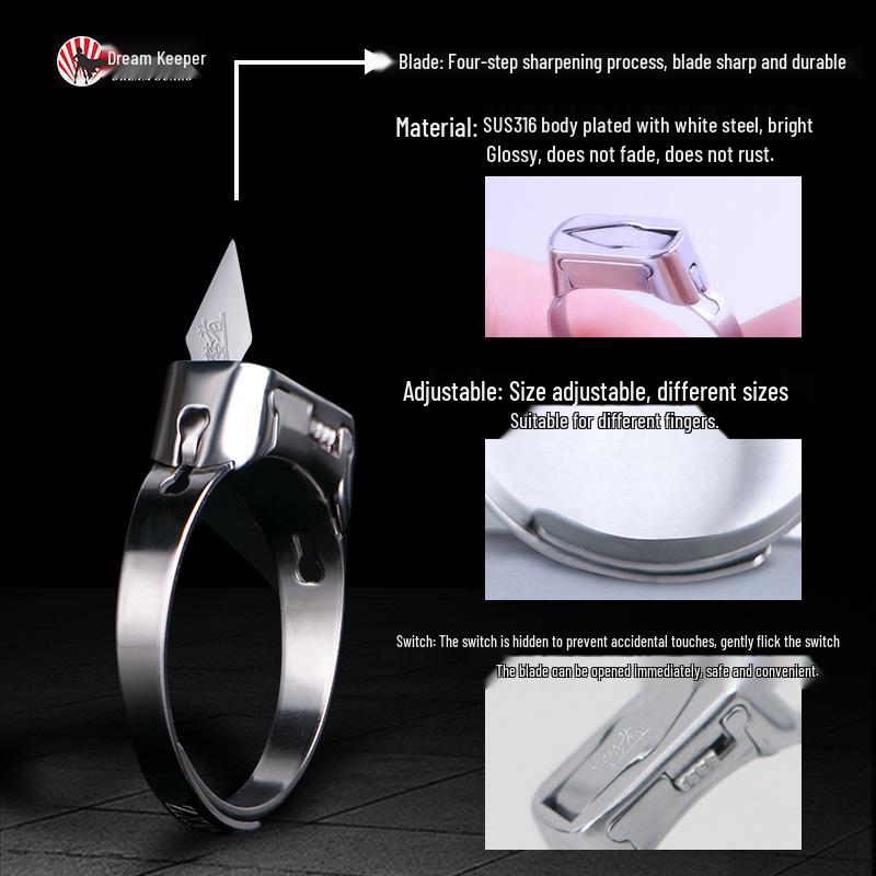 Adjustable Silver Titanium Steel Geometric Hidden Blade Self-Defense Ring