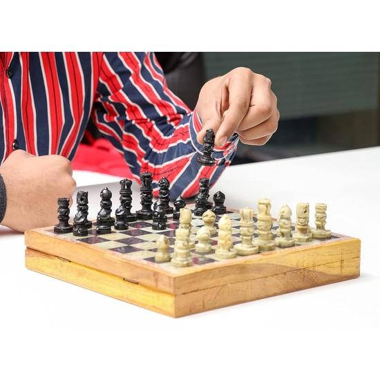 Crocon Marmor och Trä Schackset 10 Tum Trä Schackbräde Spelset Stenhugna Pjäser Reseschackset Bästa Gåvan för Barn Storlek :- 10x10tum