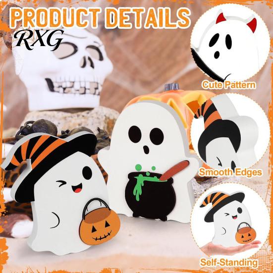 Wooden Halloween Decor 3Pcs Sweet Ghost Decor, Cute Figurines with Candy Ornaments Pumpkin & Cauldron, Tabletop Centerpiece for Home, Party