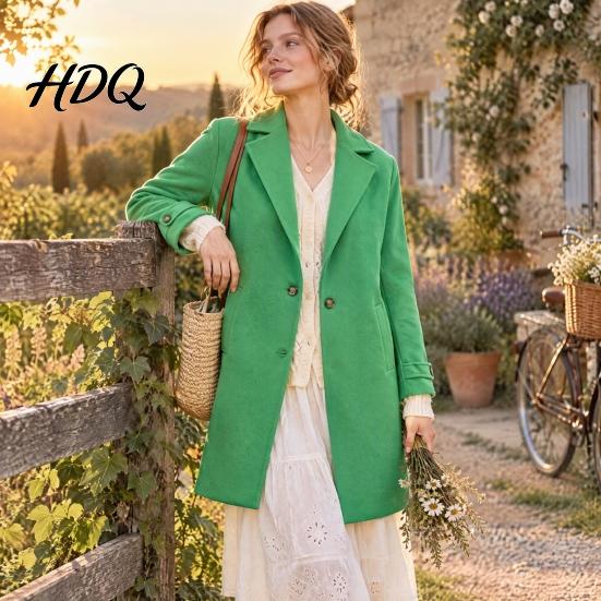 Long Sleeve Casual Jacket Women Fall Winter Wool Coat Notch Lapel Overcoat Coat with Pockets Single Breasted Solid Color Trench Spring