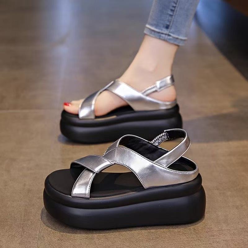 Thick-soled heightening sandals for summer wear New silver muffin with skirt Casual Roman beach shoes