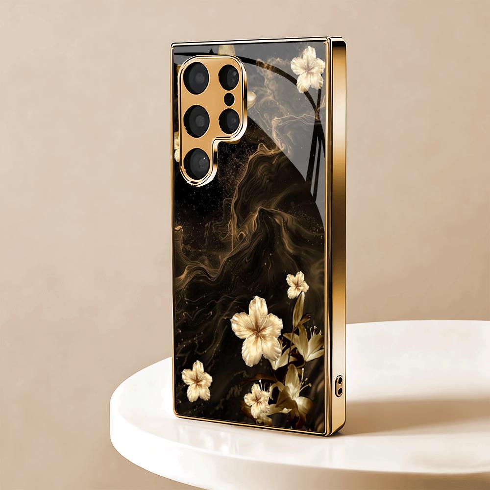 Golden Flower Electroplated Glass Phone Case Suitable for Samsung Galaxy S26 S25 S24 S23 S22 S20 FE/Ultra/Plus5G Anti Drop