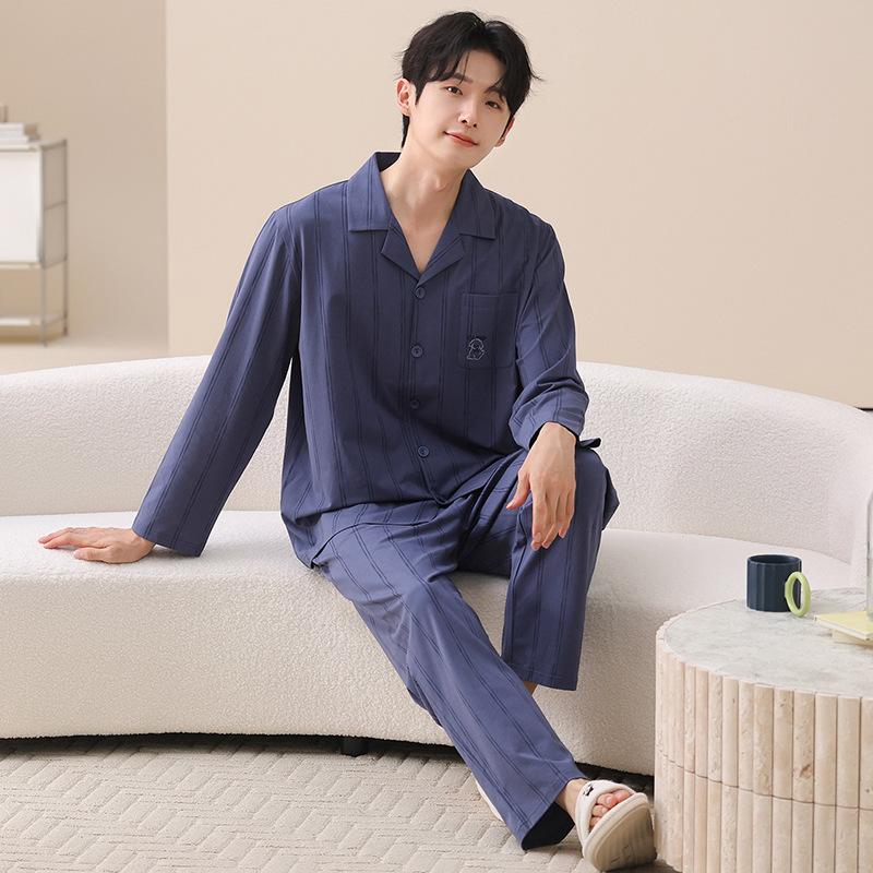 Couple pajamas pure cotton long-sleeved spring and autumn women's simple casual men's comfortable cardigan cotton loungewear set
