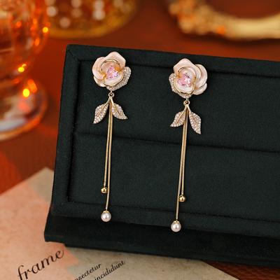 Camellia Fringed Earrings High Sense Temperament Long Versatile Internet Celebrity Thin Earrings