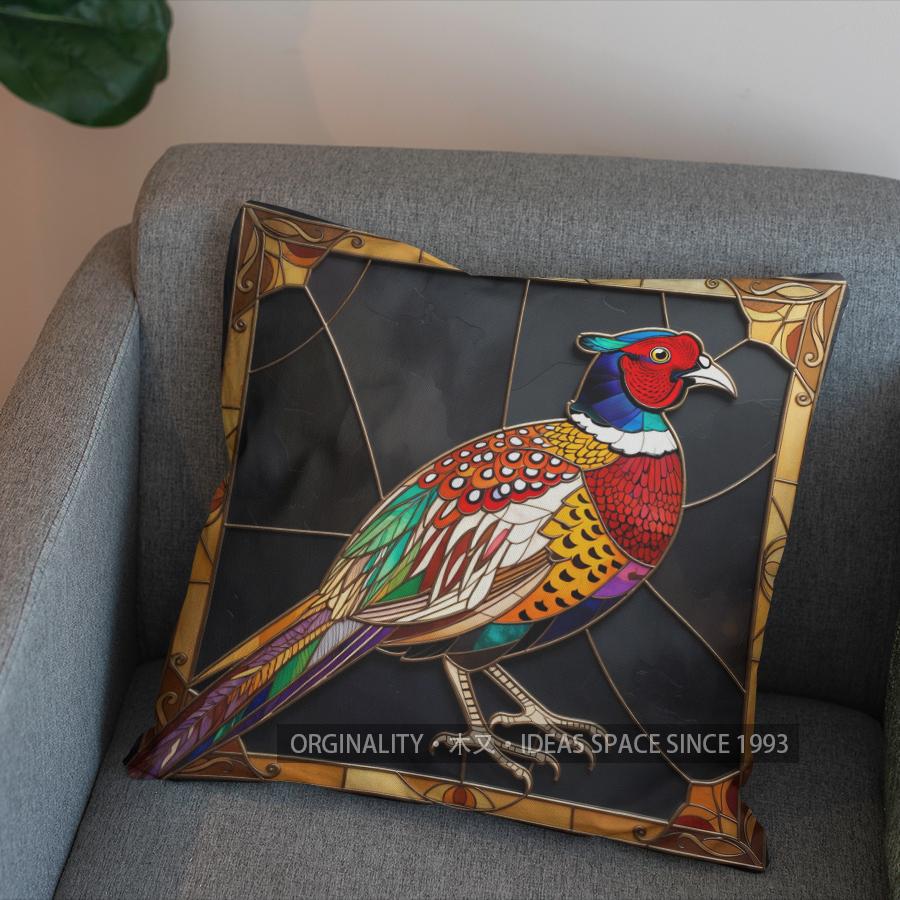 2D Stained Glass Pheasant Design Decorative Pillow Pattern Cushion Cover Suitable For Sofa Bedroom Car Pillow Cover