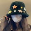Cute Star Rabbit Plush Bucket Hat Girls Autumn and Winter Warm Plain Hat Sweet Washbasin Hat