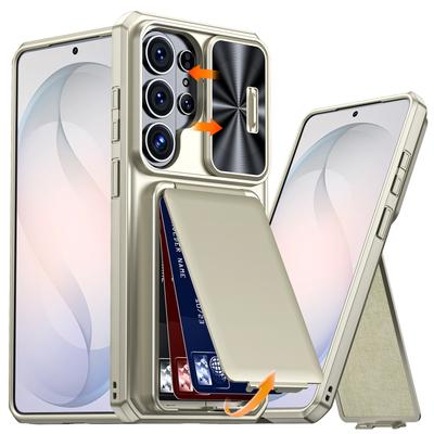 Z Uchwytem na Karty, Przesuwaną Osłoną Aparatu i Stojakiem do Etui na Telefon Samsung Galaxy S26 Ultra, Odporne na Upadki Etui-Portfel z PC+TPU - Szampański