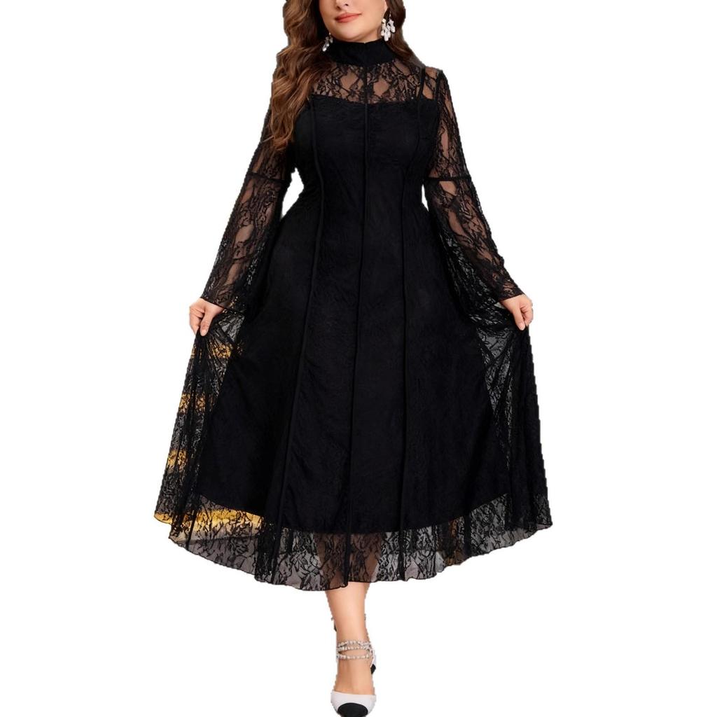 In-Stock Retro Stand Collar Lace Patchwork Bell Sleeve Formal Dress for Spring/Autumn – European & American Style