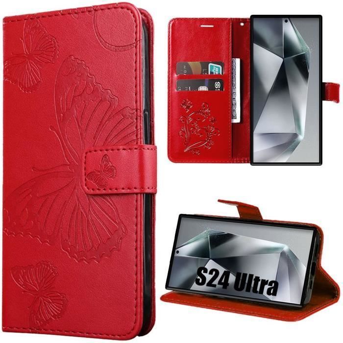 Protective Case - Samsung - Galaxy S24 Ultra - Red - Butterfly Pattern - Pu Leather with Card Holder