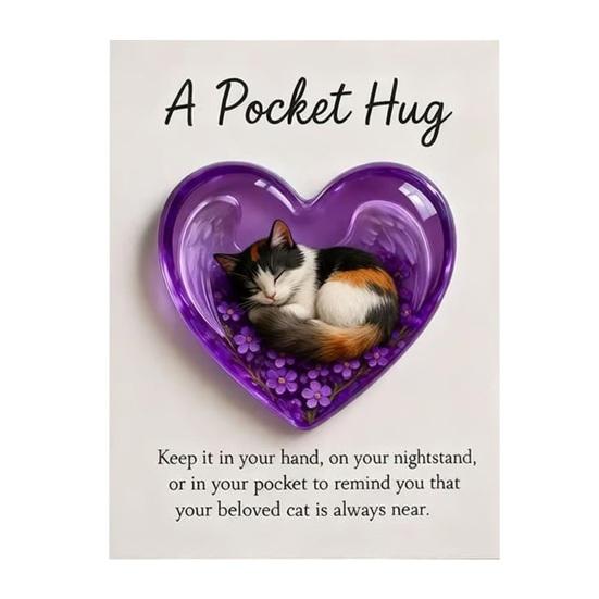 Cat Memorial Pocket Hug with Inspirational Card Emotional Support Heart-Shaped Sleeping Cat Charm Keepsake Figurine Decoration Cat Owners Lovers Gift