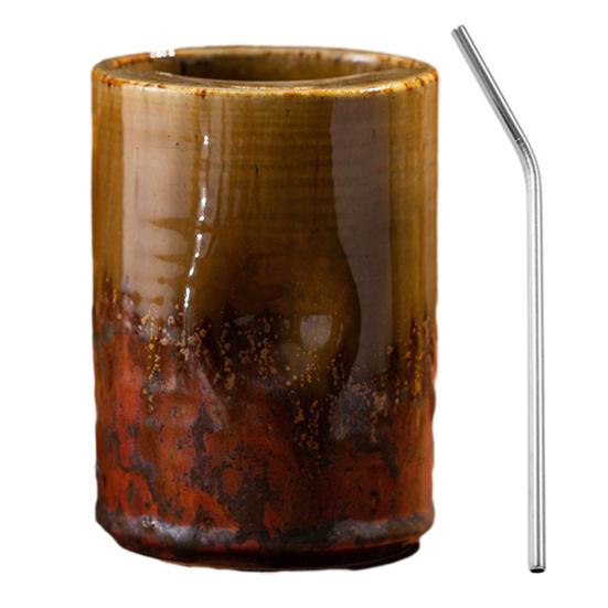 Vintage Keramik-Kaffeebecher mit Strohhalm, Retro Handbemalte Gestreifte Zylinderbecher, Grobkeramik für Heiße Kalte Getränke