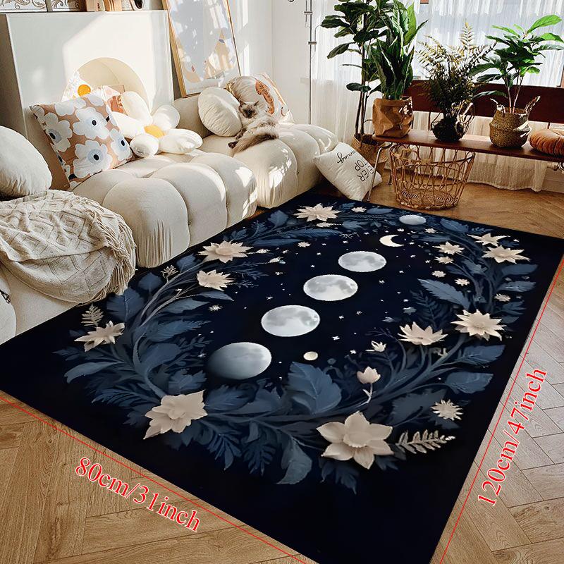 Moon Phase Floral Wreath Area Rug Celestial Night Sky Starry Carpet Non-Slip Washable Boho Decor Mat for Living Room Bedroom