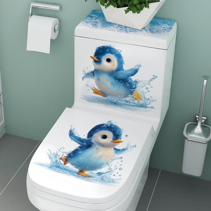 Bathroom Decoration Decal, Toilet Seat Cover Sticker Swimming Little Penguin Toilet Sticker, Self-adhesive Waterproof