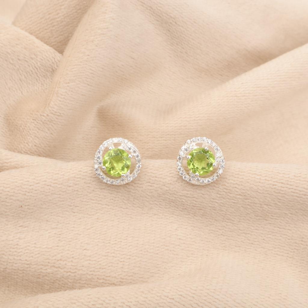Round Peridot Gemstone 925 Sterling Silver Jewelry Zircon Stud Earrings For Her CZE-8-8
