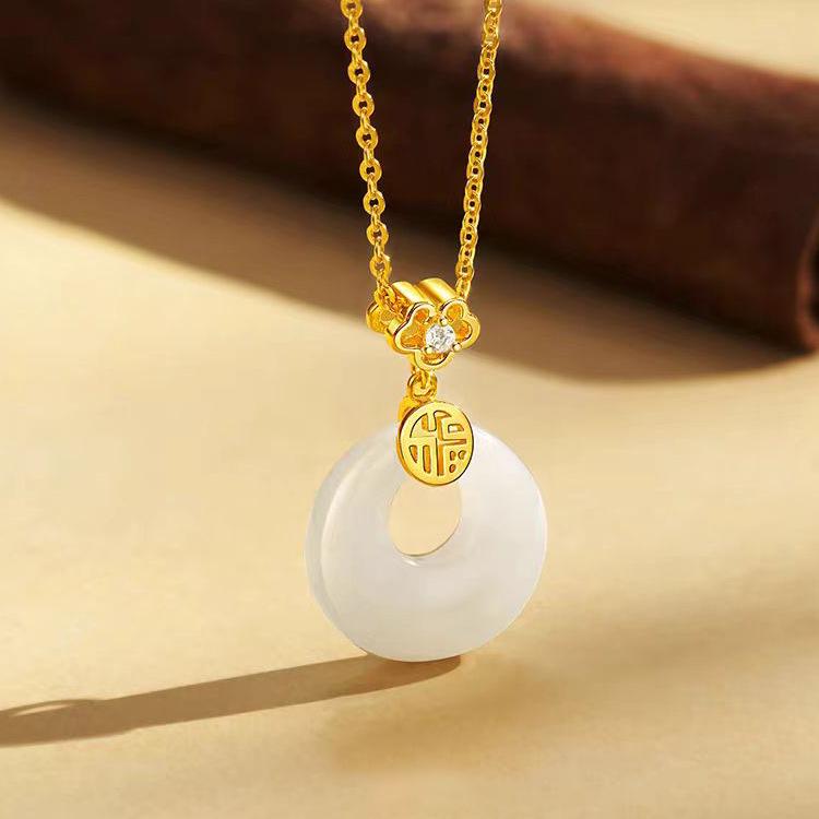 S925 Sterling Silver Hetian Jade Fu Character Necklace, Chinese Style Light Luxury Clavicle Chain for Women - Elegant Gift Accessory
